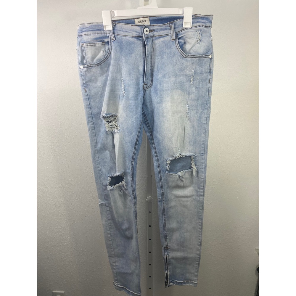 KDNK 1141411 Mens Distressed Skinny Jeans Light Wash Ankle Zip Blue Size 38 XXL